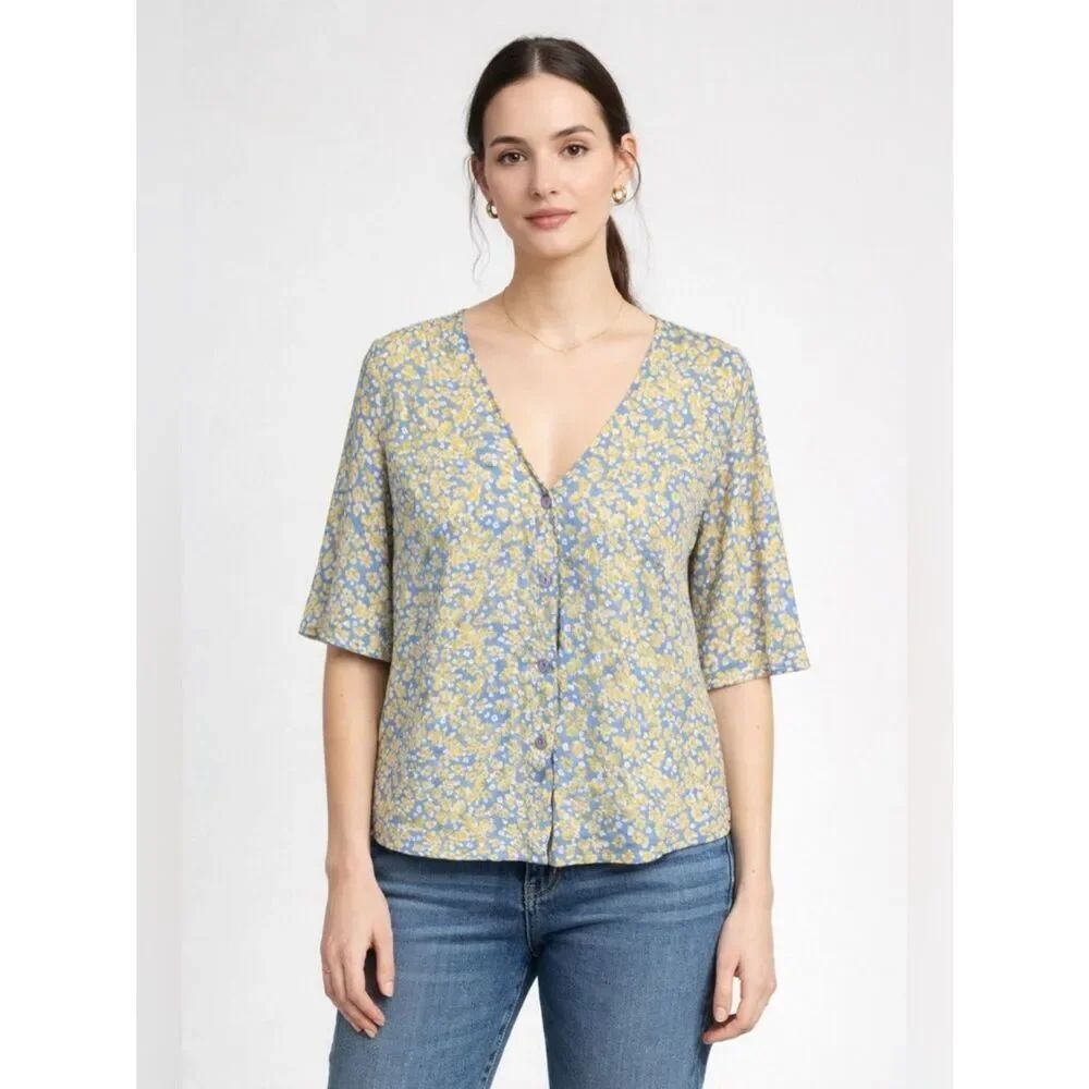 Anthropologie Lush Yellow and Blue Floral V-Neck Button Blouse